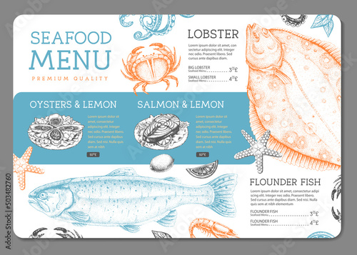 Seafood restaurant menu design with hand drawing fish. Vector illustration