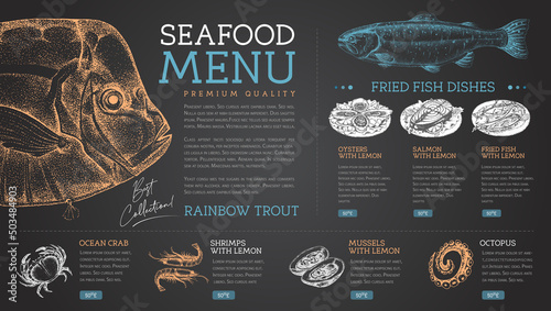 Fotografia Chalk drawing seafood restaurant menu design with hand drawing fish