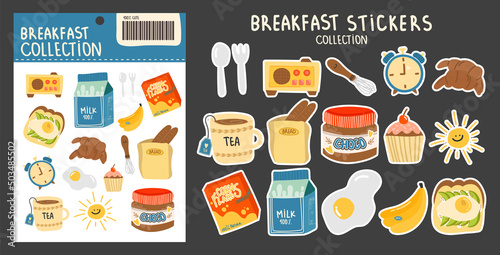Collection of stickers on the theme of breakfast. various fruits, berries, cheese, milk, scrambled eggs, banana, alarm clock, corn flakes, radio, sandwich and other bright elements on an isolated