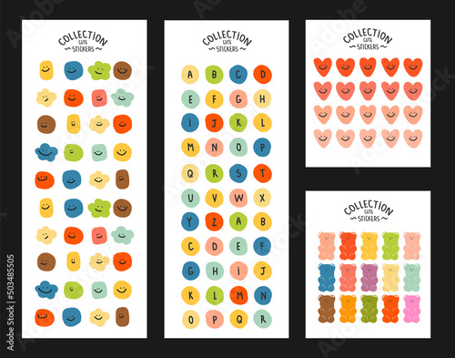 Collection of bright trendy minimalist stickers with emojis, letters and gummy bears. baby set of cute stickers, bright elements on an isolated background and stickerpack
