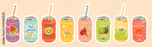 Сollection of various delicious carbonated drinks. Hand drawn vector set of soft drinks in aluminum cans. Carbonated water with various fruit flavors. Japanese Kawaii style. on isolated background