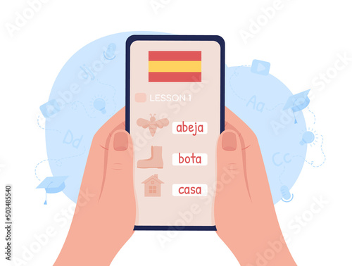 Studying Spanish language online 2D vector isolated illustration. Flat first view hand on cartoon background. Education app colourful scene for mobile, website. Patrick Hand, Comfortaa fonts used