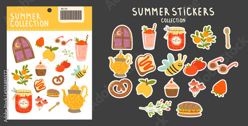 Collection of stickers on the theme of summer. various fruits, berries, a cup, a drink, a bee, a sandwich and other bright elements on an isolated background and a set of stickers