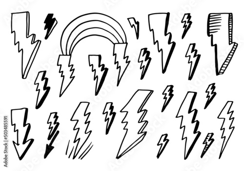 set of hand drawn vector doodle electric lightning bolt symbol sketch illustrations. thunder symbol doodle icon.