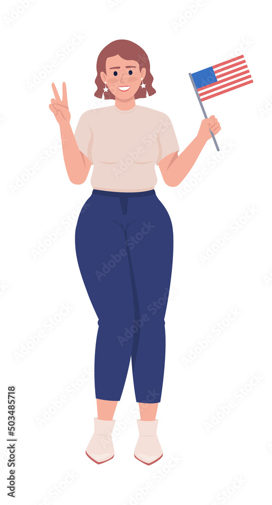 Woman with American flag showing victory sign semi flat color vector character. Standing figure. Full body person on white. Simple cartoon style illustration for web graphic design and animation Woman with American flag showing victory sign semi flat color vector character. Standing figure. Full body person on white. Simple cartoon style illustration for web graphic design and animation