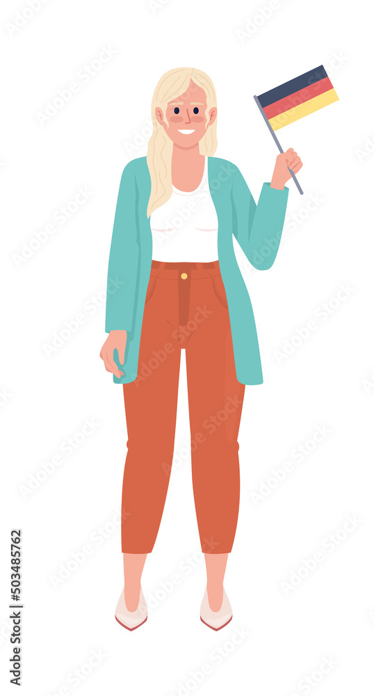 Elegant lady with national flag of Germany semi flat color vector character. Standing figure. Full body person on white. Simple cartoon style illustration for web graphic design and animation Elegant lady with national flag of Germany semi flat color vector character. Standing figure. Full body person on white. Simple cartoon style illustration for web graphic design and animation