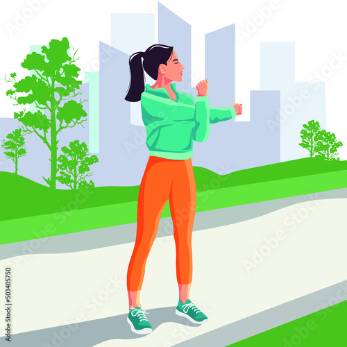 Vector design of a Young woman in training stretching with the city building background outsoors photo