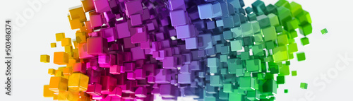 Flowing cubes of colors. Movement and creativity concept. Cluster of multiple colorful cubes in cluster formation on white background.  Shallow depth of field. 3D illustration  3D rendering.