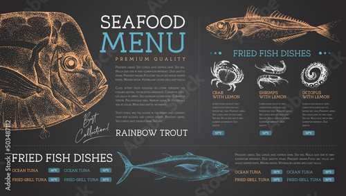 Chalk drawing seafood restaurant menu design with hand drawing fish. Vector illustration