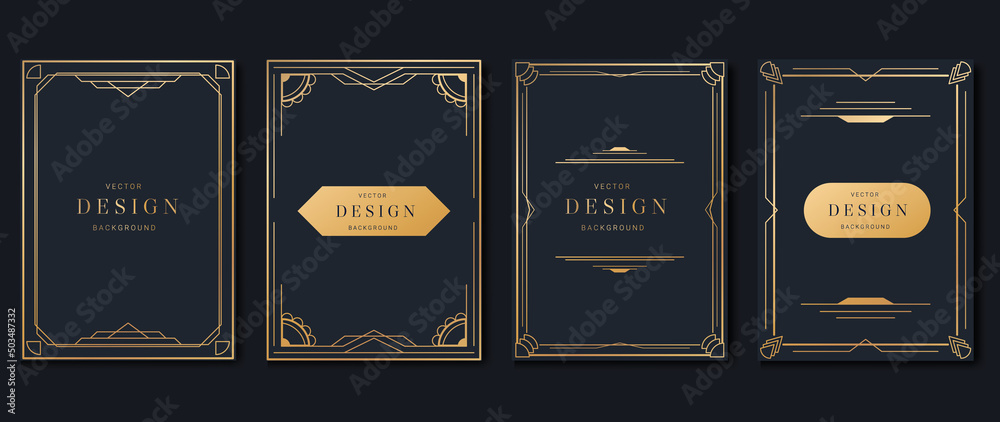 Vettoriale Stock Luxury geometric pattern cover template. Set of art deco poster  design with golden line, ornament, shapes, borders. Elegant graphic design  perfect for banner, background, wallpaper, invitation. | Adobe Stock