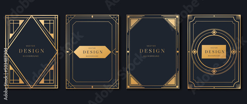 Luxury geometric pattern cover template. Set of art deco poster design with golden line, ornament, shapes, borders. Elegant graphic design perfect for banner, background, wallpaper, invitation.