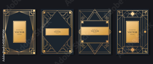 Luxury geometric pattern cover template. Set of art deco poster design with golden line, ornament, shapes, borders. Elegant graphic design perfect for banner, background, wallpaper, invitation. photo