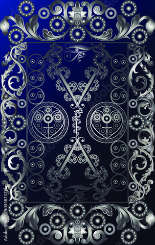 Graphic abstract design with occult tarot card. Suitable for invitation, flyer, sticker, poster, banner, card, label, cover, web. Vector illustration.