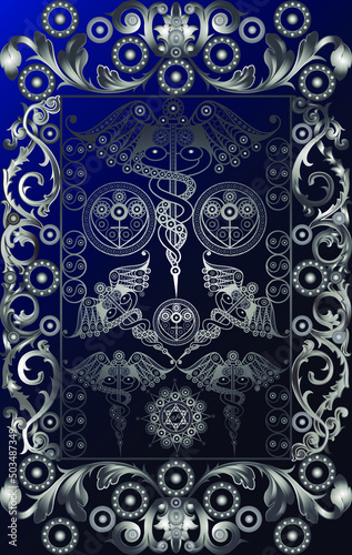 Graphic abstract design with occult tarot card. Suitable for invitation, flyer, sticker, poster, banner, card, label, cover, web. Vector illustration.