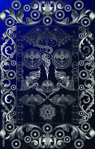 Graphic abstract design with occult tarot card. Suitable for invitation, flyer, sticker, poster, banner, card, label, cover, web. Vector illustration.