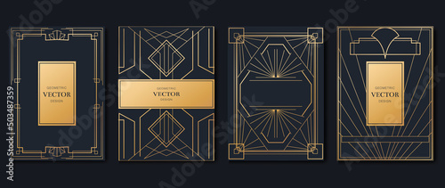 Luxury geometric pattern cover template. Set of art deco poster design with golden line, ornament, shapes, borders. Elegant graphic design perfect for banner, background, wallpaper, invitation.