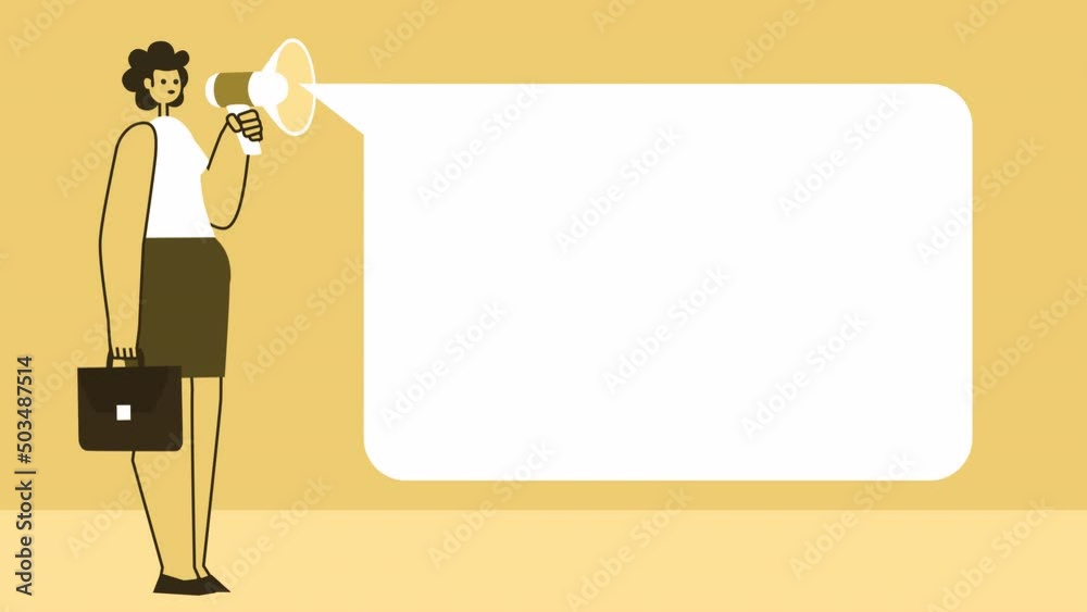Yellow Style Woman with Briefcase Flat Character Speaking into Loudspeaker with Speech Bubble. Isolated Animation with Alpha Matters