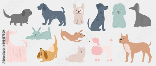 Set of cute dogs vector. Lovely dog and friendly puppy doodle pattern in different poses and breeds with flat color. Adorable funny pet and many characters hand drawn collection on white background.