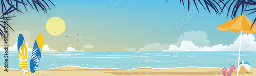 Seascape of blue ocean and coconut palm tree on island,Horizontal Sea beach, sand with blue sky and fluffy cloud,Vector illustration beautiful nature of landscape seaside for Summer holiday background