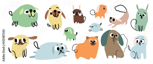 Fototapeta Naklejka Na Ścianę i Meble -  Set of cute dogs vector. Lovely dog and friendly puppy abstract doodle pattern in different poses and breeds with flat color. Adorable funny pet characters hand drawn collection on white background.