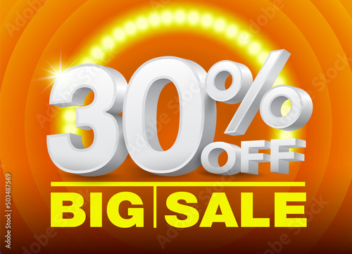 30 percent off discount creative elements. Numbers 30 white 3d promotion business sale special discount on orange background with spotlights.
