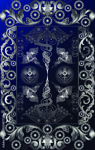 Graphic abstract design with occult tarot card. Suitable for invitation, flyer, sticker, poster, banner, card, label, cover, web. Vector illustration.