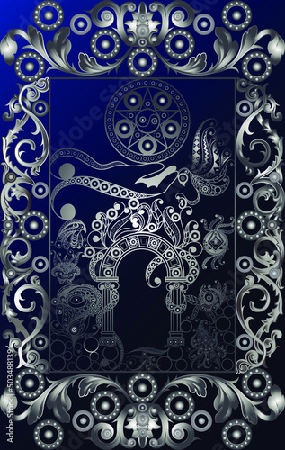 Graphic abstract design with occult tarot card. Suitable for invitation, flyer, sticker, poster, banner, card, label, cover, web. Vector illustration.