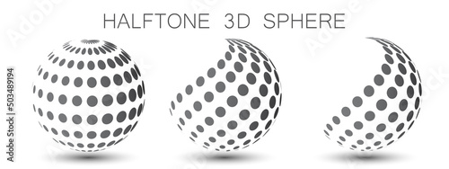 Halftone 3d sphere. Abstract vector element made of black dots on a white background. Logo with shadow.
