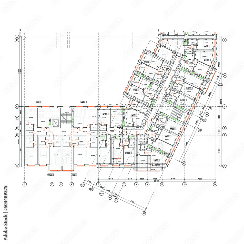 Multistory building detailed architectural technical drawing, vector