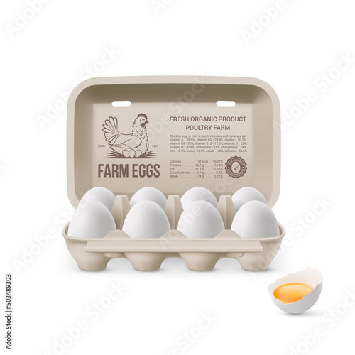 Fresh Organic Chicken Eggs in Open Carton Pack, or Egg Container Isolated on White Background. Eight Large Eggs from Eggs Farm in Brand Pack