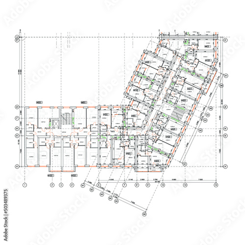 Multistory building detailed architectural technical drawing, vector blueprint floorplan layout