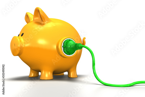 3d gelbes Sparschwein mit grünen Strom, grünen Stromkabem mit Stecker, freigestellt photo