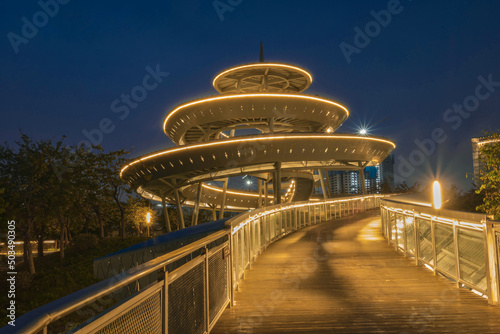 A special iconic building at night in Sanshan New City in Nanhai, Foshan, Guangdong, China