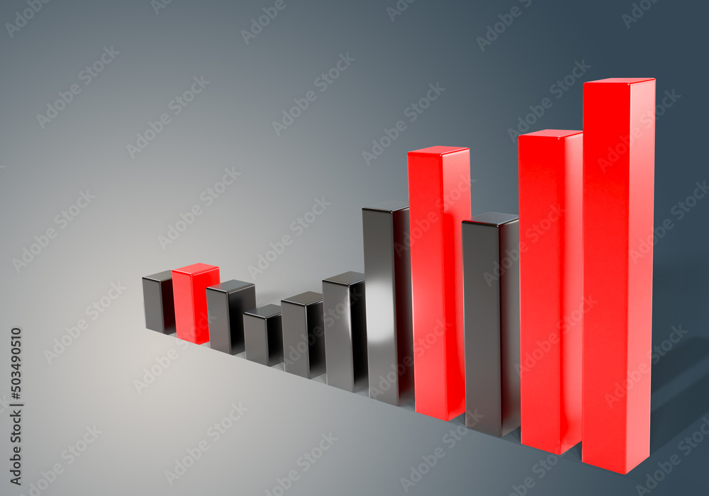 Economic graph. Red-black graph. Financial growth. Indicator of economic trends. Three-dimensional economic graph. Red growing infographic on gray background. Investment concept. 3d rendering. Economic graph. Red-black graph. Financial growth. Indicator of economic trends. Three-dimensional economic graph. Red growing infographic on gray background. Investment concept. 3d rendering.