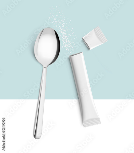 Realistic torn stick with spoon mockup. Possibility use for sugar, granulated, powder products. Vector illustration. EPS10.	