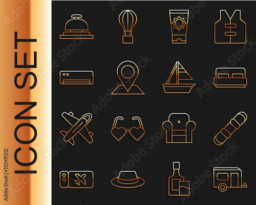 Set line Rv Camping trailer, Snowboard, Hotel room bed, Sunscreen cream tube, Location, Air conditioner, service bell and Yacht sailboat icon. Vector