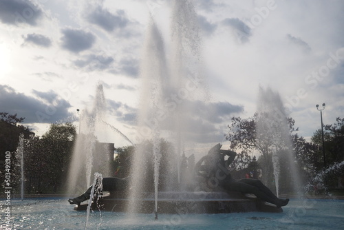 The famous Logan Circle in Philadelphia with the fountains on full blast.