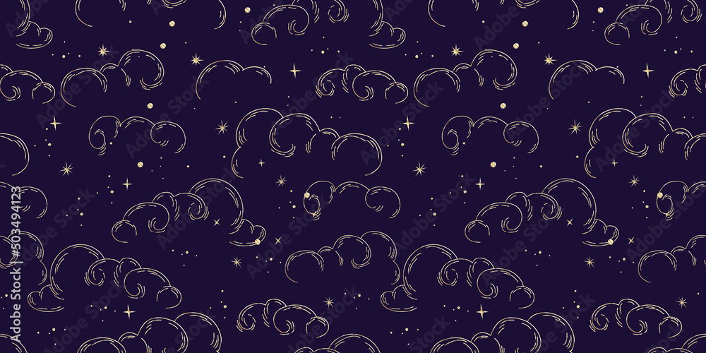 Vector seamless pattern with celestial mystic esoteric magic elements constellations and stars. Alchemy tattoo template. Vector