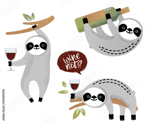 Cute vector sloth bear set with wine not lettering. Can be used for cards, flyers, posters, t-shirts.