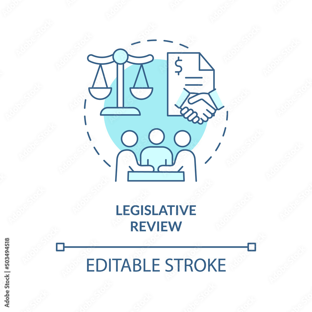 Legislative review turquoise concept icon. Public hearings. Budgeting process abstract idea thin line illustration. Isolated outline drawing. Editable stroke. Arial, Myriad Pro-Bold fonts used