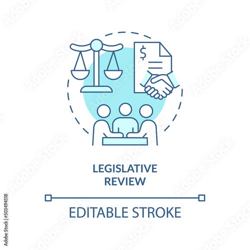 Legislative review turquoise concept icon. Public hearings. Budgeting process abstract idea thin line illustration. Isolated outline drawing. Editable stroke. Arial, Myriad Pro-Bold fonts used