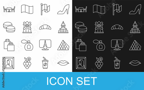 Set line Smiling lips, Louvre glass pyramid, Museum building, Flag France, Windmill, Macaron cookie, French cafe and Croissant icon. Vector