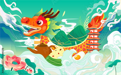 Dragon boat race on dragon boat festival, eating zongzi traditional food, vector illustration