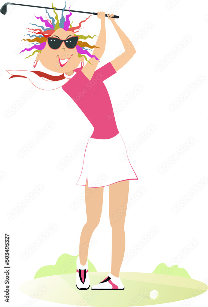 Cartoon golfer woman on the golf course illustration. Funny golfer woman in sunglasses with a