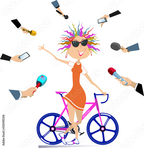Mass media obtain an interview from the cyclist illustration. 
Reporters interview a smiling and proud cyclist woman isolated on white background
