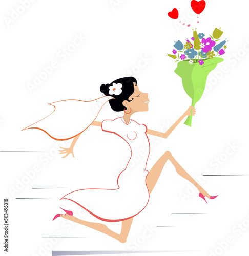 Cartoon running woman with a bunch of flowers.
Heart symbols. Pretty bride in the white dress and wedding veil running with bunch of flowers at his hand isolated on white background
