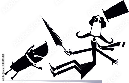 Cartoon aggressive dog and frightened man illustration. 
Mustache man in the top hat tries to protect himself from aggressive dog by umbrella black on white background
