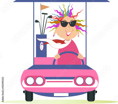 Young golfer woman ride on the golf cart car illustration. Smiling pretty young woman in sunglasses is going to play golf in the golf cart car isolated on white