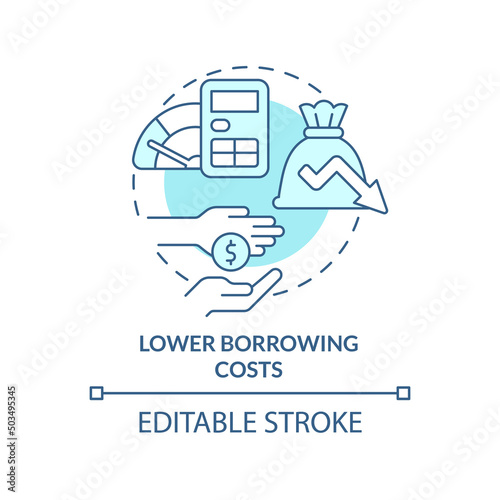 Lower borrowing costs turquoise concept icon. Balanced budget requirement abstract idea thin line illustration. Isolated outline drawing. Editable stroke. Arial, Myriad Pro-Bold fonts used