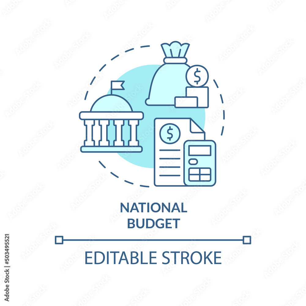 National budget turquoise concept icon. Financial program for country. Budgeting type abstract idea thin line illustration. Isolated outline drawing. Editable stroke. Arial, Myriad Pro-Bold fonts used